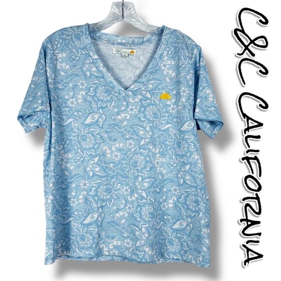 C&C California Tops - C&C California Blue Floral V Neck Top Logoed 100% Cotton Womens Size Small